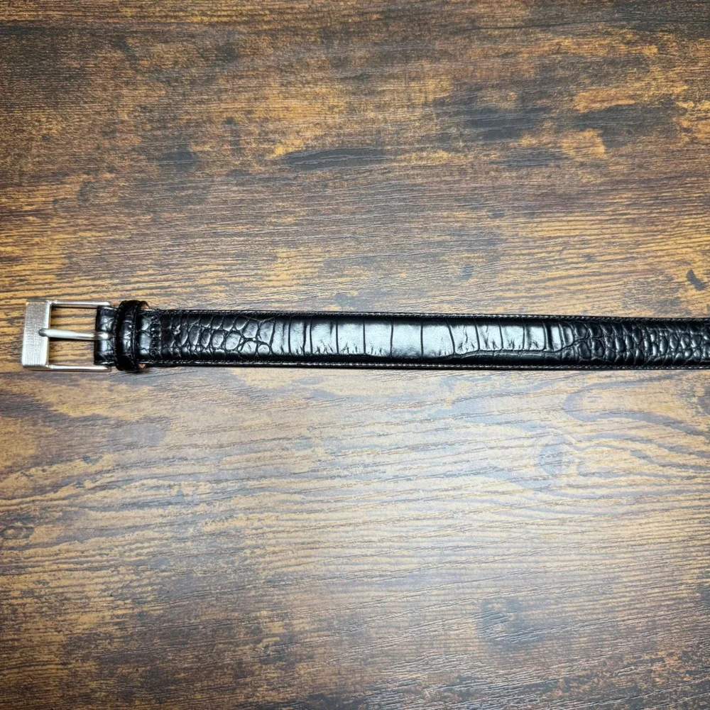 Lauren Ralph Lauren Black Croc Embossed Leather Belt M Silver Buckle Italian